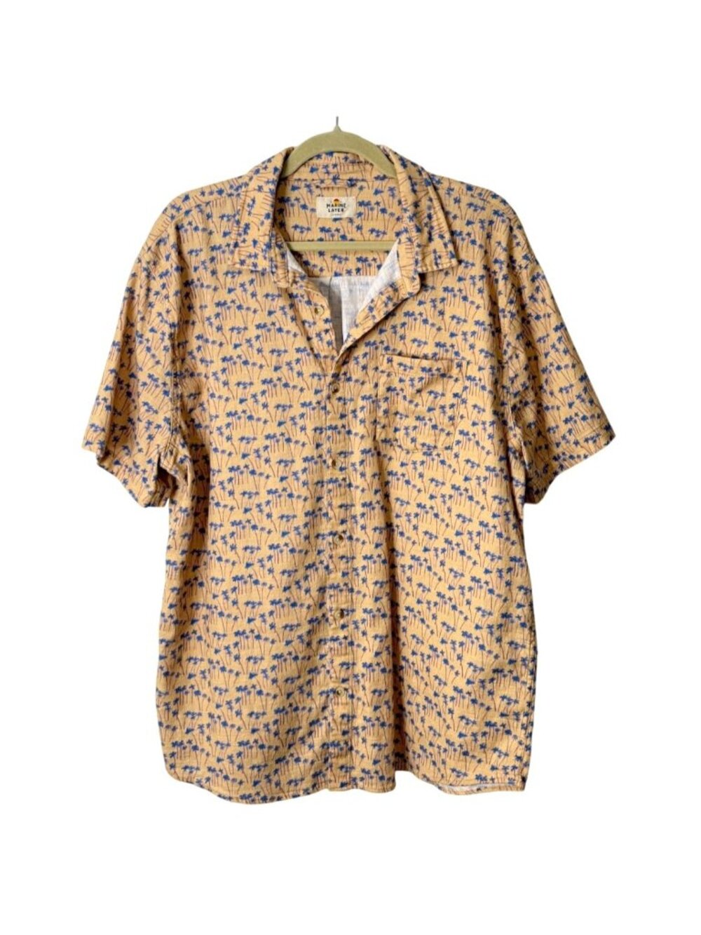 Marine Layer Mens Larger Shirt Stretch Selvage Short-Sleeve Tan Blue Warm Palm